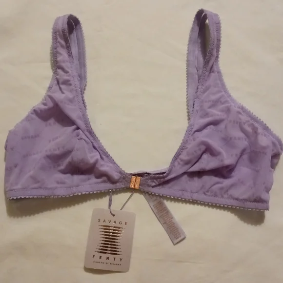 Savage X Fenty Flocked Logo Unlined Bra In Purple Lavender, Size- XL - Picture 2 of 7